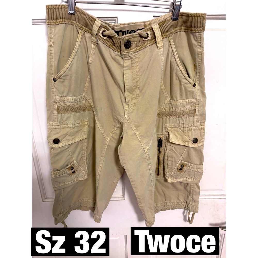 Twoce, Khaki Cargo Shorts Draw String Waist and Hem. Zips Grunge Utility